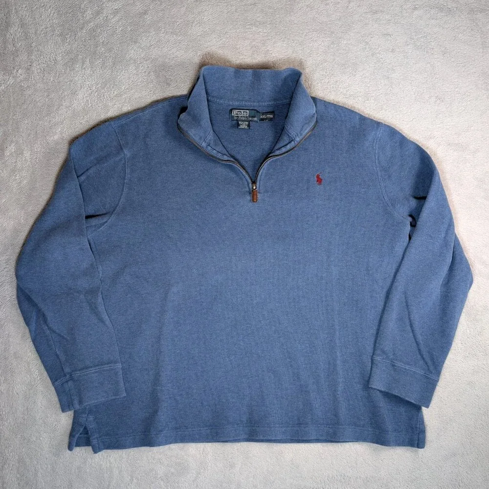 Ralph Lauren Polo Sweater Men XXL Blue 1/4 Zip Pony Pullover Preppy *Fits Small*